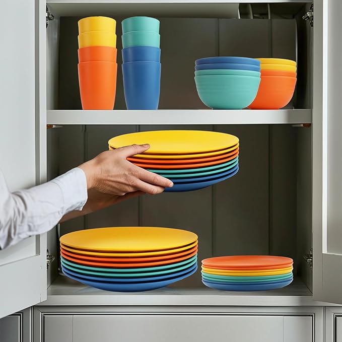 Wrova 40Pack plates and bowls sets for kids - Unbreakable wheat straw dinnerware sets service for 8 - Alternative plastic 40pcs dish sets for kitchen, camping and indoors dinning - (Colorful)