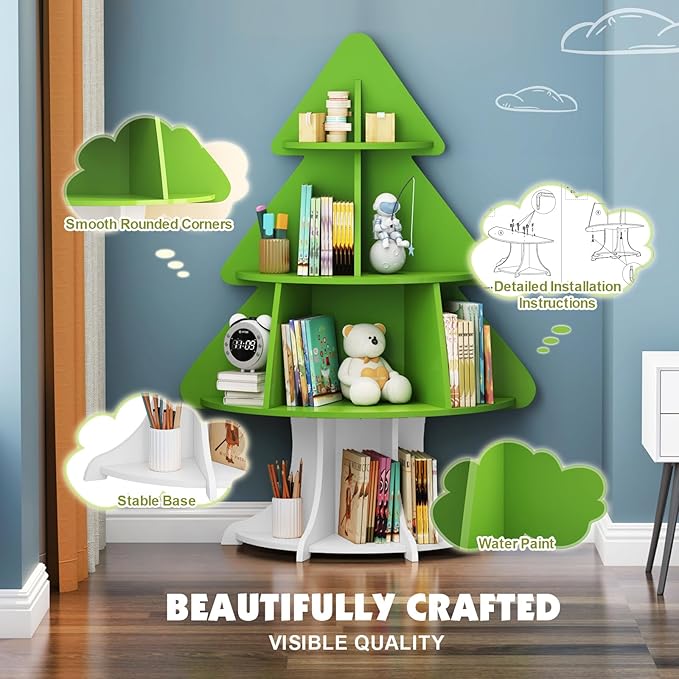 Christmas Tree Shelf Kids Bookshelf Toddler Bookcase 4-Tier Baby Book Rack Children Toy Storage Organizer Wood Display Shelf Nursery Playroom Bedroom Classroom School Homeschooling Boy Girl Gift