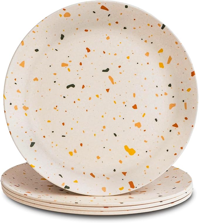 Nook Theory 4-Pack Bamboo Fiber Dinner Plates - Alternative for Plastic Plates, Toddler & Kids Plates, Dishwasher Safe, Food-Grade Bamboo Plates Reusable - Lightweight Dinner Plates (Celebration 10")