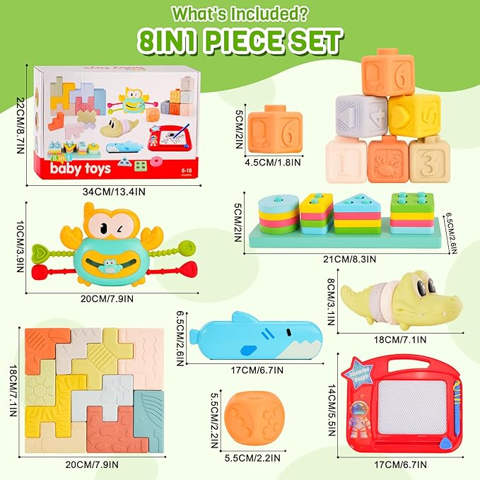 8-in-1 Montessori Baby Toys for 6-12 Months,Babies Travel Toy Set with Stacking Blocks, Pull Teether, Sensory Shape Sorter, Drawing Board & Harmonica, Infant Learning Gift for Toddler 1-3 Year Old