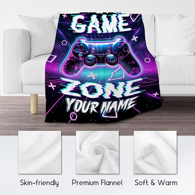 Personalized Gaming Blanket for Boys Men, Custom Gamer Gifts for Kids Teen, 30"x40" Flannel Blankets Gift Ideas for Bedroom, Soft Fuzzy Throws for Couch Office