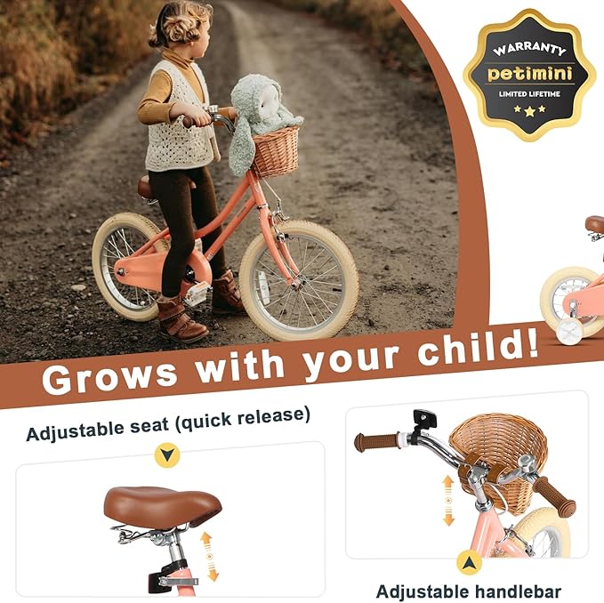 Petimini Girls Bike with Basket for 2-12 Years Old Kids, 12 14 16 18 20 Inch Bicycle with Bell Training Wheels Basket, Multiple Colors
