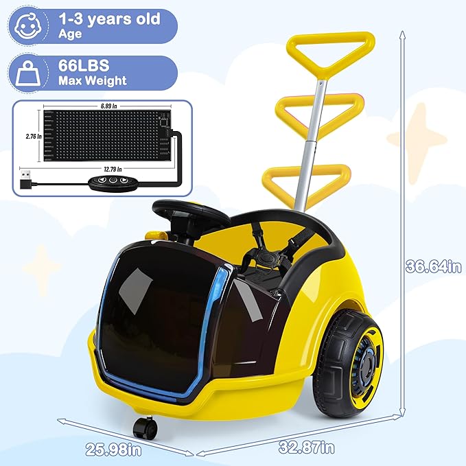 ANPABO 3-in-1 Electric Push Ride On Car, 12V Kids Ride On Toy w/Remote Control, 360° Spin, LED Display, Colorful LED Light, 5-Point Safety Belt, Music Player, Push Car for Toddler Ages 1-3 (Yellow)