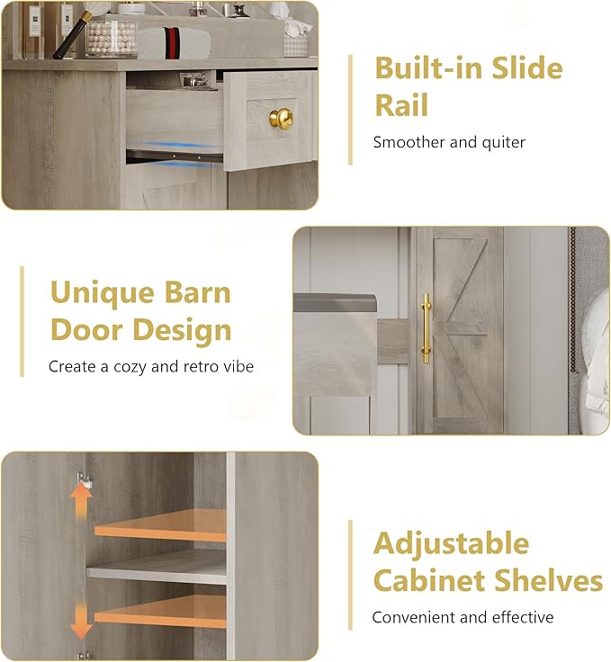 Vanity Makeup Desk with Mirror and Lights, Farmhouse Vanity Table Set with Storage Drawers, Charging Station & Chair, 43" Large Rustic Dressing Table, 3 Lighting Modes for Women Girls Bedroom, Grey