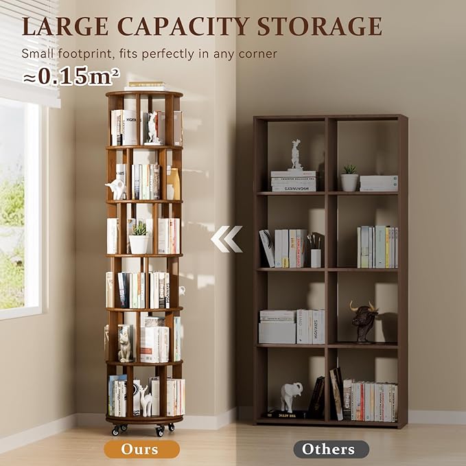 Rotating Bookshelf Tower with Wheels, 6 Tier Walnut Wood Round Spinning Bookshelf Tower, 360° Revolving Bookcase Rolling for Kids Adult, Rotation Book Shelf for Bedroom, Living, Office, Corner