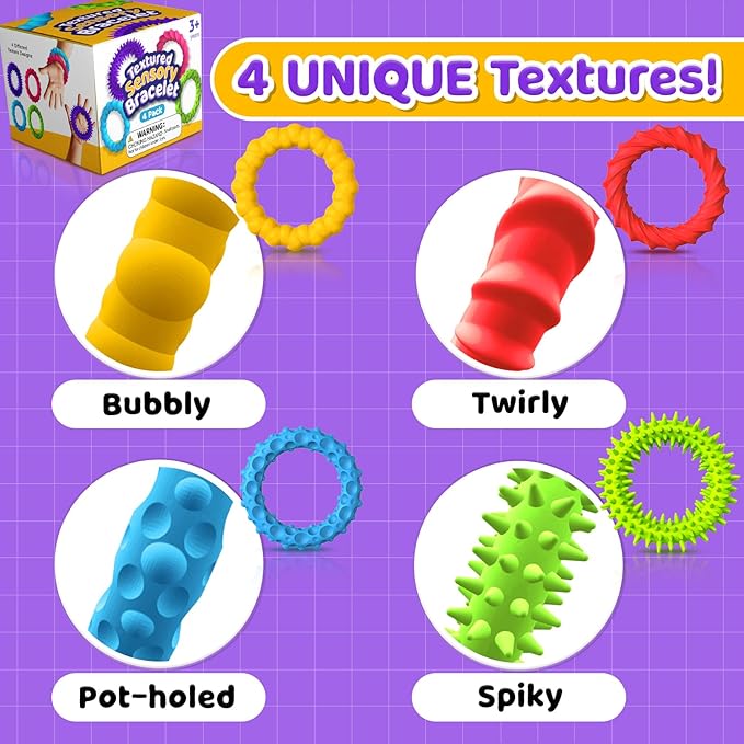 Sensory Fidget Toys for Kids Adults - 4 Pack Stretchy Fidget Bracelet | Texture & Calming Autism Sensory Toys for Special Needs Autistic Children | Calm Down Toy for Toddler Girls Boys