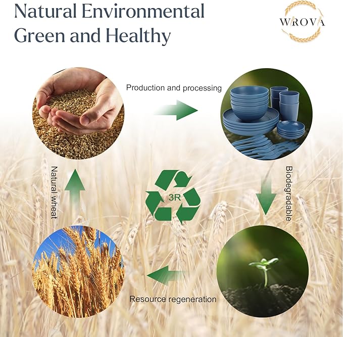 Wrova Wheat straw plates and bowls sets with cutlery - Unbreakable wheat straw dinnerware sets - Dishwasher safe plates,bowls,cups for apartment.Blue