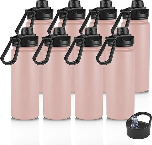 24oz Insulated Water Bottle with Straw Lid, Stainless Steel Metal Water Bottle with Straw & Wide Mouth Lid, Double Wall Vacuum for Hiking Camping, Pink 8 Pack