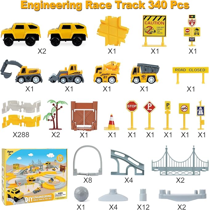 BEMITON Construction Race Track Toys for Kids - Birthday Gift for 3 4 5 6 7 Year Old Boys, 330+ PCS Track Playset with Electric Cars and Construction Trucks, DIY Engineering Road Building Sets