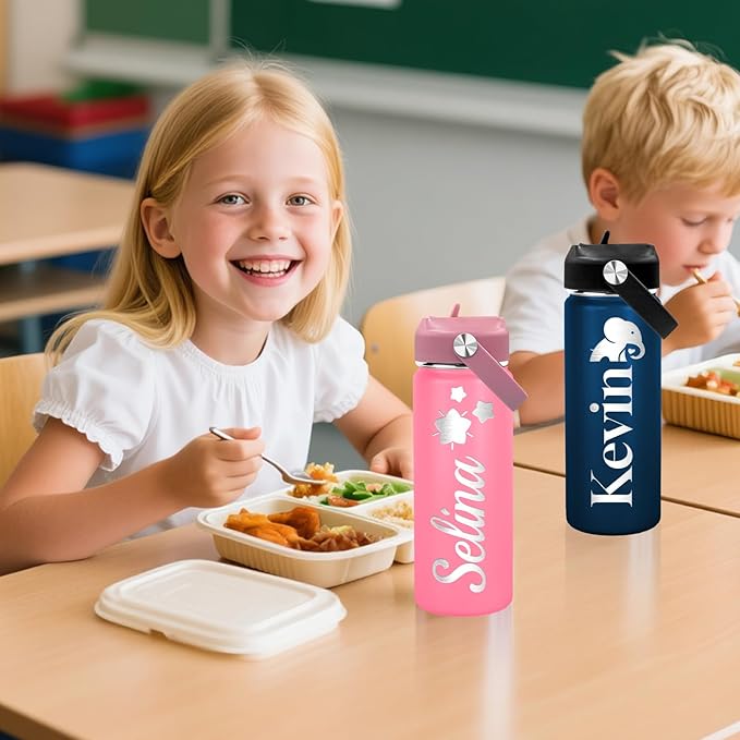 Made in USA - Personalized Kids Water Bottle with Name for School - Custom 18oz Water Bottle with Straw Lid Stainless Steel w/Engraved Names - Personalized Christmas Kids Gifts for Boys Girls