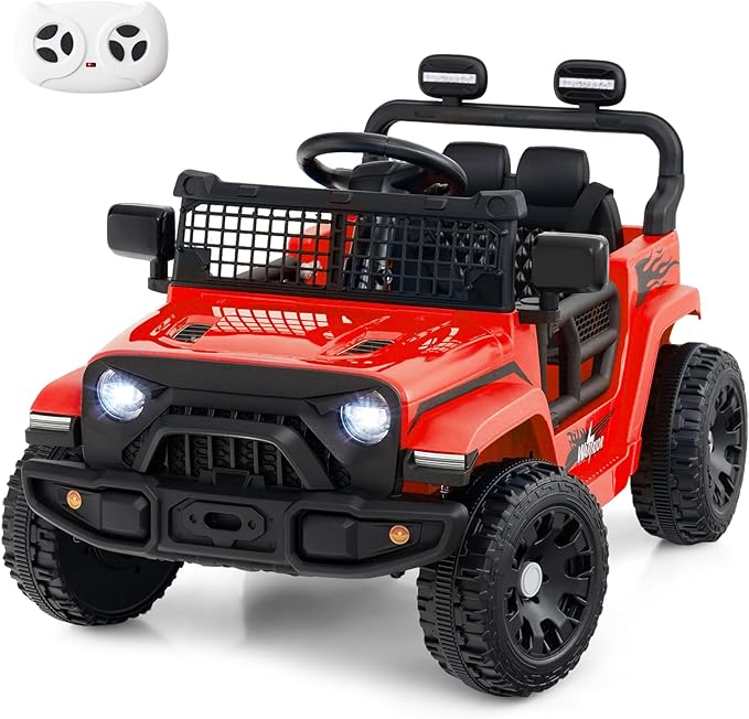 Costzon Kids Ride on Car Truck, 12V Electric Vehicle w/Foldable Mirrors, 3 Speeds, LED Lights, Music & Horn, Ride on Toys Remote Control Car for Toddlers, Boys & Girls (Red,34" × 23" × 21")