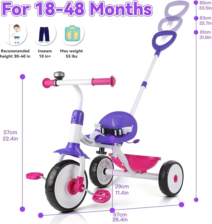 Liberry 2 in 1 Toddler Tricycle Age 2 3 4 Years Old, Kids Trike with Adjustable Push Rod, Bell & Basket, 3 Wheel Bike Riding Toy Birthday Gift for Girls Boys, Rose Purple