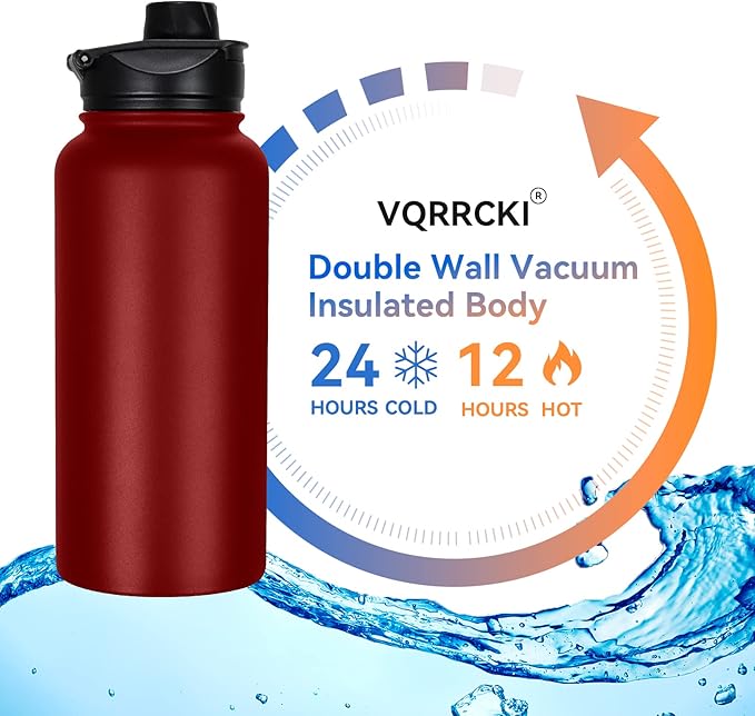 32 oz Insulated Water Bottle Bulk 8 Pack, Stainless Steel Sports Water Bottles with Straw Lid & Wide Mouth Lids, Double Walled Vacuum, Leak Proof, Red