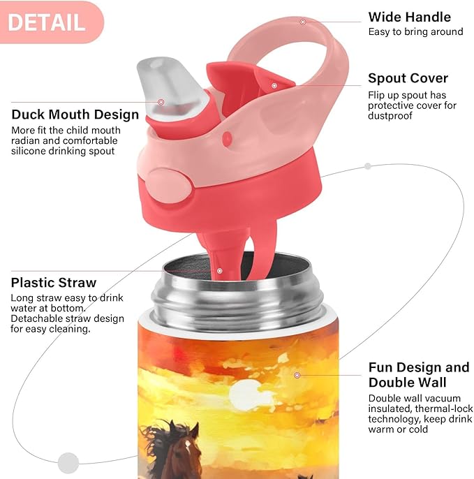 Kigai Black & White Cow Print Kids Water Bottle with Straw Lid, Vacuum Insulated Stainless Steel Double Walled Leakproof Tumbler Travel Cup for Girls Boys Toddlers, 12 oz