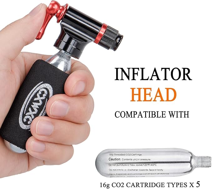 CO2 Inflator Kit with 5 X 16g CO2 Threaded Cartridges- Presta & Schrader Valve Compatible -Portable CO2 Bike Tire Pump Come with Glueles Repair Kit for Road & Mountain Bike