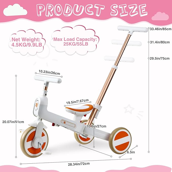 WEEROCK 6 in 1 Foldable Toddler Tricycle Kid Tricycles with/Without Parent Steering Push Handle Boys Girls Balance Bike for 1-6 Years Old Toy Gift, White