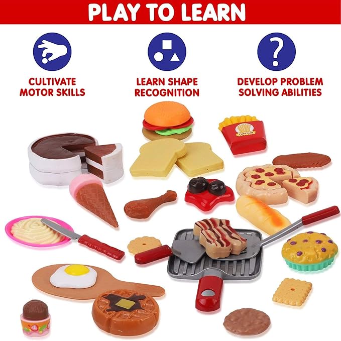 50 PCS Kids Deluxe Pretend Play Food Set with Kitchen Tools, Breakfast, Fast Food, Ice Cream & Desserts - Fun & Interactive Gourmet Toy Assortment Playset for Imaginative Play