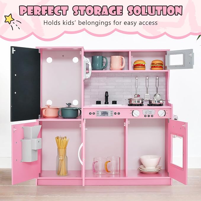 Costzon Kids Kitchen Playset, Wooden Pretend Cooking Toy Set w/Realistic Sound, Large Blackboard, Telephone, Microwave, Ice Maker, Dishwasher, Oven, Storage Space, Play Kitchen for Kids Ages 3+ (Pink)