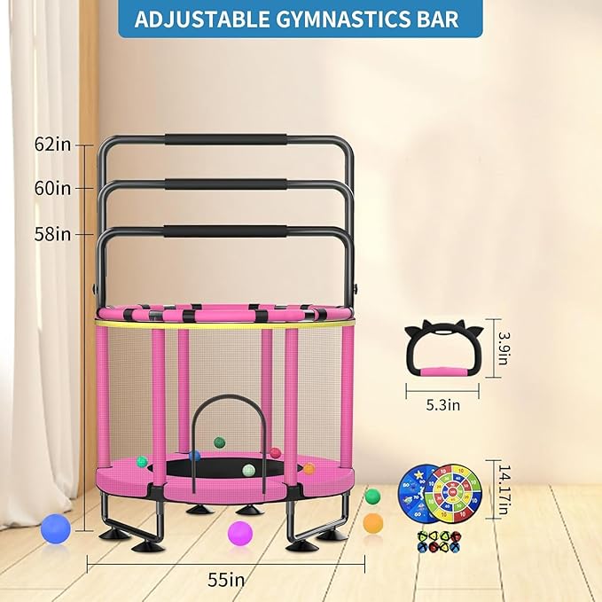 Trampoline for Kids, Upgrade Full Anti-Rust 440lbs Indoor Outdoor Toddler Trampoline with Net, 55" Adjustable Baby Toddler Trampolines Accessories with 8 Toys Dart Board