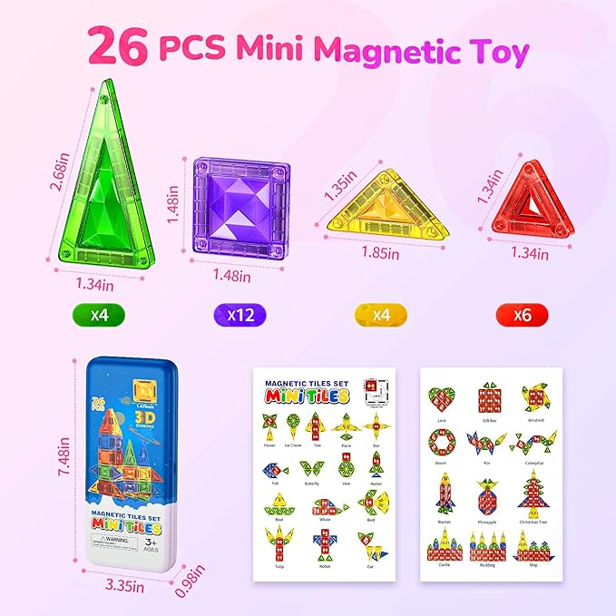 Mini Magnetic Tiles for Kids, Sparkling Diamond Travel Magnet Tiles with Metal Case, STEM Educational Magnet Blocks, Portable Construction Magnet Toys for Boys and Girls, 26PCS
