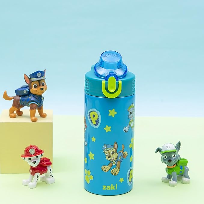 Zak Designs PAW Patrol Sage Kids Water Bottle For School or Travel, 14oz Stainless Steel Water Bottle With Straw, Handle, and Leak-Proof Spout Cover (Chase, Marshall, Skye, Rubble, Rocky, Zuma)