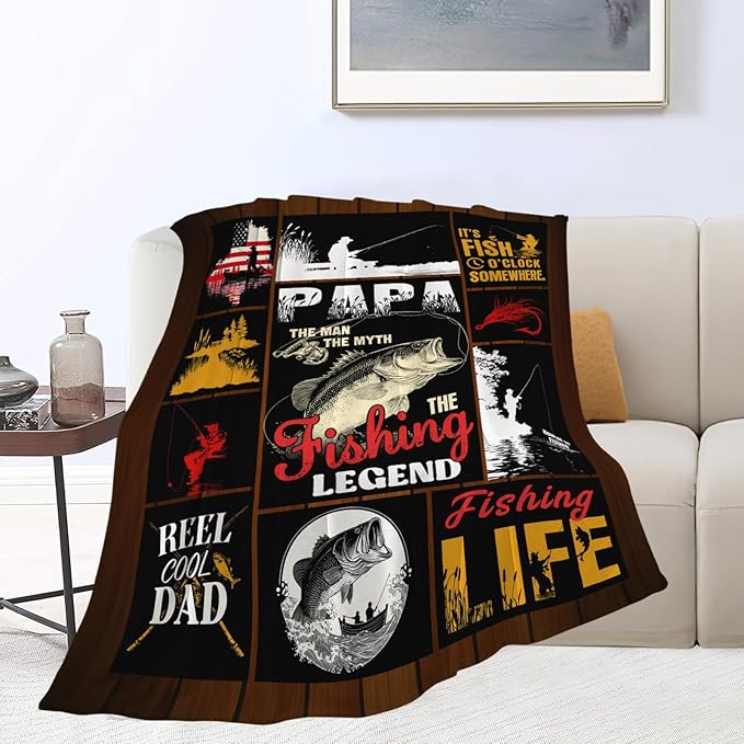 Fish Throw Blanket Fishing Stuff Gifts for Kids Girls Boys Adults Women Men Soft Cozy Warm Plush Fluffy Fuzzy Fleece Blanket Decor 60''X80''