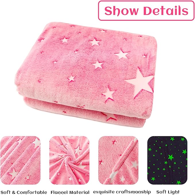 Preppy Blanket Glow in The Dark Blanket Girls Pink Star Blankets Fleece Blankets Birthday Gifts for Kids Soft Throw All Seasons