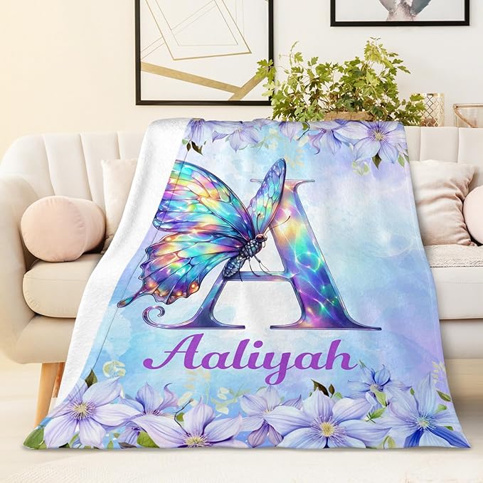 Personalized Butterfly Blanket, Monogramed Blanket for Girls Women, 60 x 50 Inches Cozy Initial Name Flannel Throw for Bed Office, Living Room, Garden, Camping