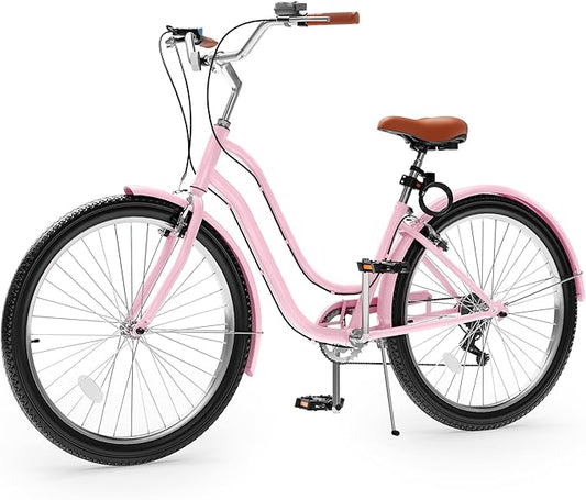YITAHOME 24 & 26 Inch Beach Cruiser Bike, 7 Speed & Single Speed Commute Bike, Step-Through Bicycle for Adult Women & Men, Steel Frame Cruiser Bike with Full Front & Rear Fenders