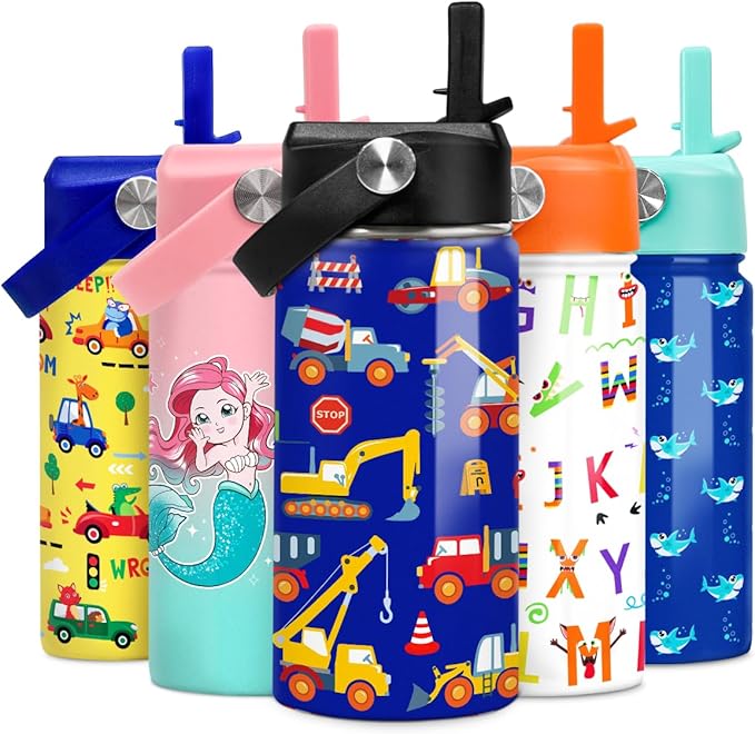 Kids Water Bottle with Straw Construction Insulated Water Bottles 12oz Stainless Steel Travel School Tumbler Double Wall Vacuum Cup for Boys Kid