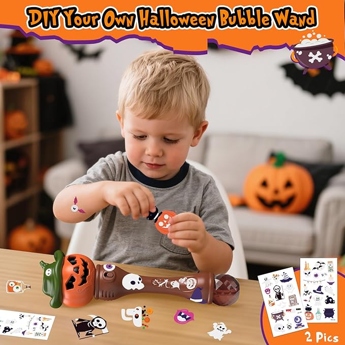 Halloween Pumpkin Bubble Wand for Kids - 2 Pack Automatic Bubble Machine Blower Toys for Toddlers 3-8 with LED Lights, Music Function, DIY Stickers,10 Refill Solutions, Halloween Party Favors Gifts