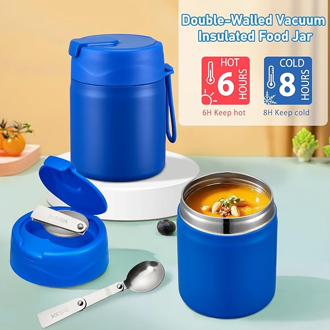 Bento Lunch Box for Kids with 17oz Soup Thermo,Insulated Tumbler Water Bottle and Insulated Lunch Bag,Leak-Proof 3 Compartment Lunch Food Container with Ice Pack for Kids to School-Blue