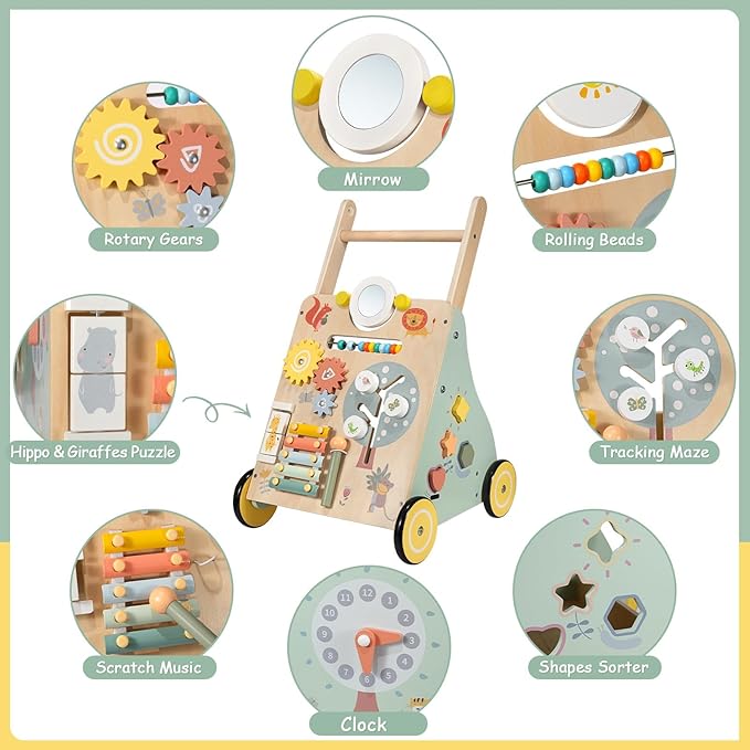 Wooden Baby Walker, Multiple Learning Activities Center Develops Motor Skills for Infant to Toddler, Push and Pull Walkers with Wheel for Boys Girls