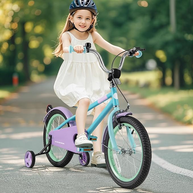 BABY JOY Colorful Macarons Kids Bike, 12 14 16 18 Inch Sporty Children's Bicycle with Training Wheels, Adjustable Handlebar & Saddle, Handbrake & Coaster Brake, Boys Girls Bike for 3-8 Years Old