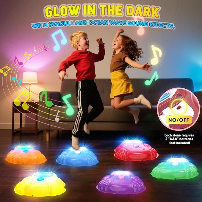 Light up & Sound Stepping Stones for Kids, 6PCS Crab Balance River Stones, Obstacle Course Indoor & Outdoor, Toddlers Sensory Toy, Play Equipment Improve Coordination, Gifts for Boys Girls 3+