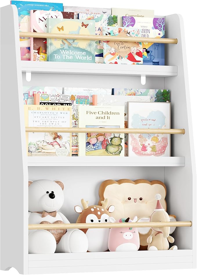 Kids Bookshelf, 3-Tier Montessori Book Shelf Organizer for Books and Toys, Toddler Bookshelf for Bedroom, Living Room, Playroom, Classroom, Nursery - White