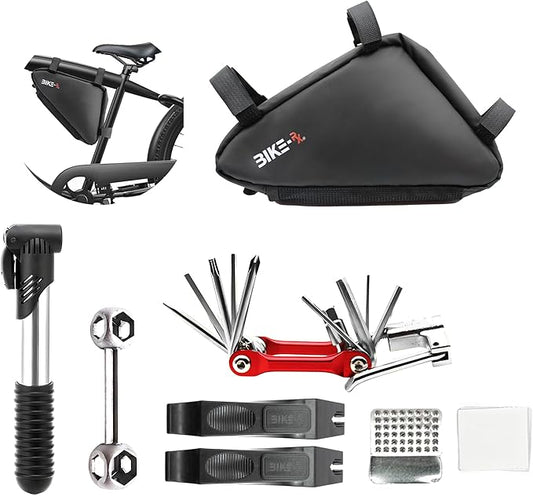 Bike Repair Kit Tool Bag – 16-in-1 Multitool, 120PSI Mini Pump, Tire Levers, Patches, Saddle Bag for Road, Mountain, and E-Bikes, Portable Tool Kit for Emergencies & Repairs