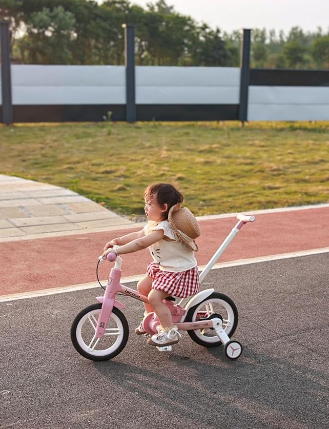 lecoco Upgraded Toddler Bike with Push Handle 6 in 1 for Kids, Balance Bicycle Toys with Training Wheels, Brackes, Cup Holder, Pedal, Kickstand Birthday Gift for Boys and Girls