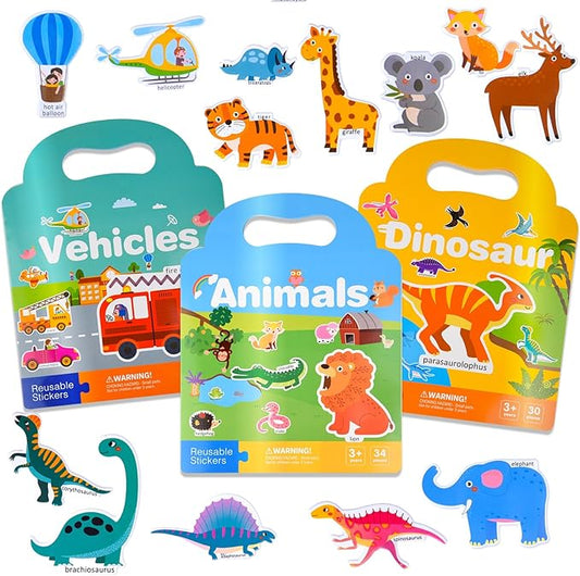 ASTARON 3 Pack Reusable 3D Puffy Sticker Book for Kids 3-6, Jelly Sticker Game Educational Sensory Learning Toy,Travel Stickers and Busy Book