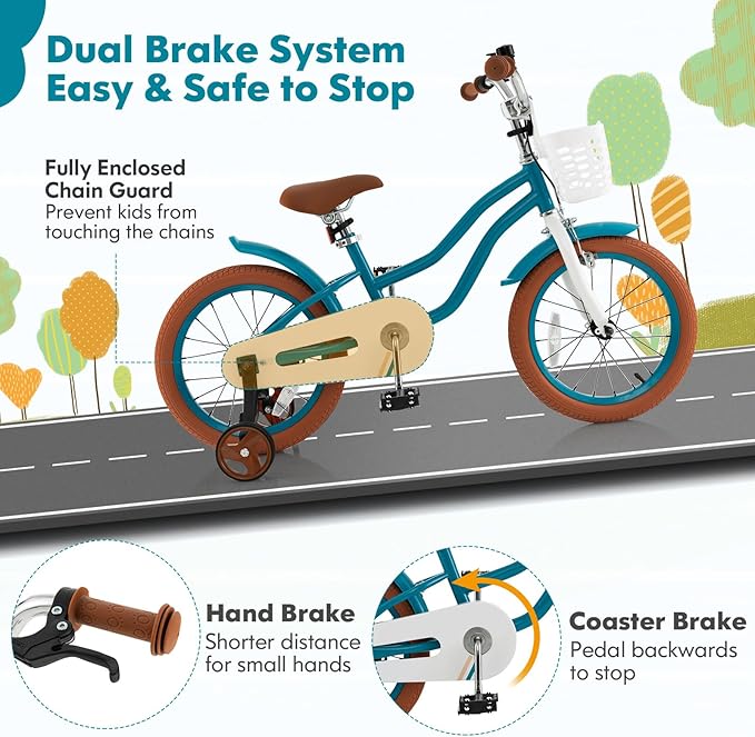 COSTWAY Kids Bike, 12 14 16 18 Inch Toddler Bike Children Bicycle w/Training Wheels, Hand & Coaster Brakes, Adjustable Saddle & Handlebar, Basket, Bell, Kids Bicycle for Girls Boys Aged 3-8 Years Old