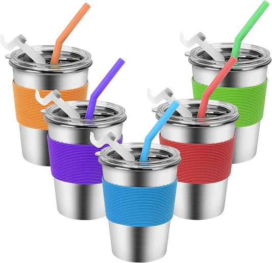 Yummy Sam Stainless Steel Cups with Silicone Straws & Lids,12oz Kids Tumblers Dishwasher Safe, Unbreakable Metal Toddler Cups with for Cold and Hot Drinks, Spill-proof, 5 Pack