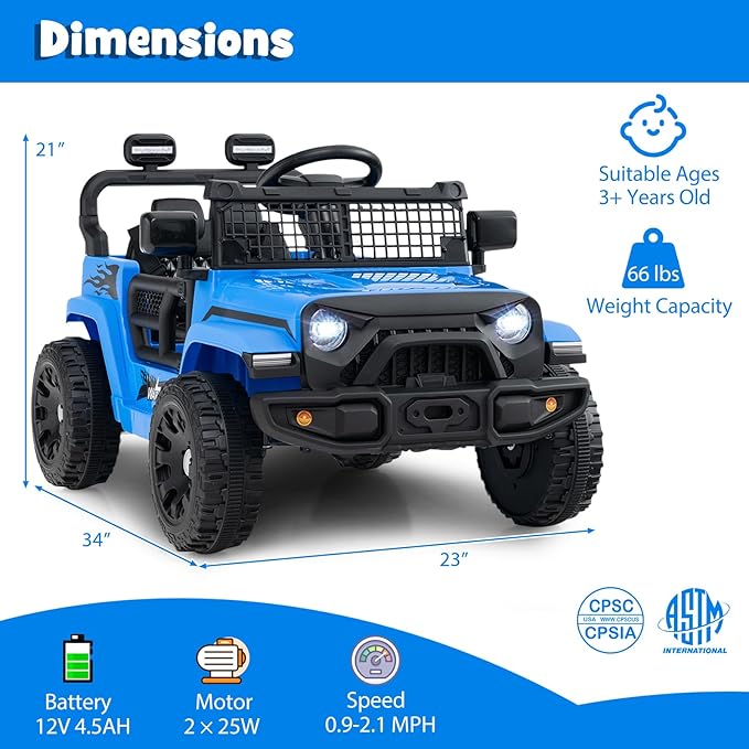 Costzon Kids Ride on Car Truck, 12V Electric Vehicle w/Foldable Mirrors, 3 Speeds, LED Lights, Music & Horn, Ride on Toys Remote Control Car for Toddlers, Boys & Girls (Blue,34" × 23" × 21")