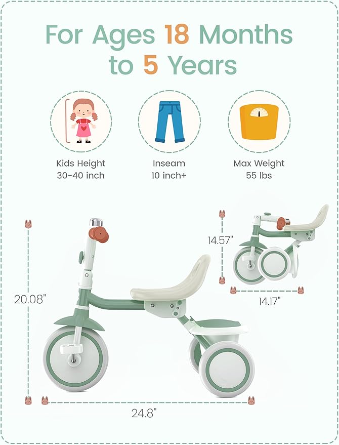 besrey Toddler Tricycle with Bell, Kids Tricycle Age 18 Months to 5 Years, Kids Trike, Toddler Bike for 1.5-5 Year Olds, Baby Trike, Gifts & Toys for Boys & Girls