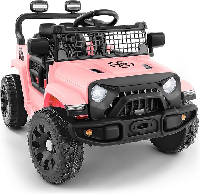 ELEMARA 12V Ride on Toys, Electric Vehicles for Kids w/3 Speeds, 3.5 mph Max, Ride on Car with Remote Control, Motorized Truck, Toddler Electric Car w/Bluetooth, LED Lights,Shock Absorbers-Light Pink