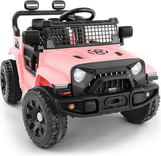 ELEMARA 12V Ride on Toys, Electric Vehicles for Kids w/3 Speeds, 3.5 mph Max, Ride on Car with Remote Control, Motorized Truck, Toddler Electric Car w/Bluetooth, LED Lights,Shock Absorbers-Light Pink