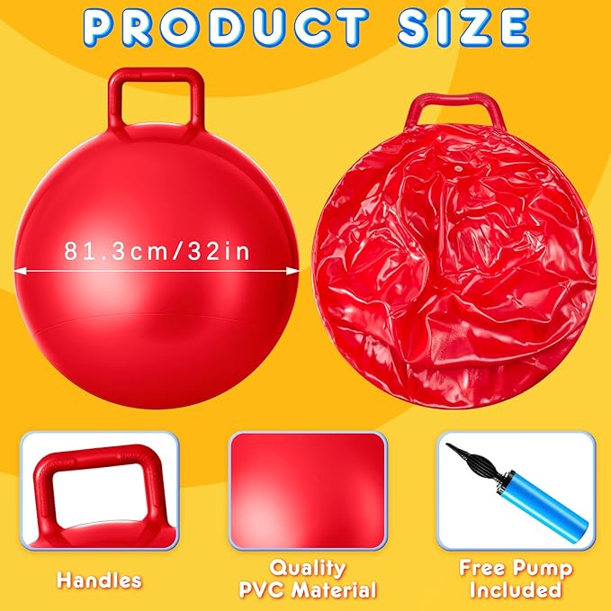 Lewtemi 6 Pcs Hopper Ball Carnival Outdoor Games 32 Inch Jumping Hopping Inflatable Bouncing Ball with Handle and Air Pump for Kids Sport Exercise (Red, Blue, Green, Pink, Yellow, Purple)