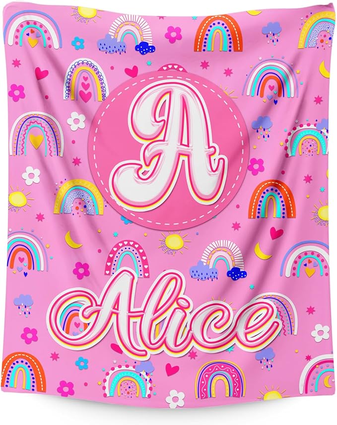 Kids Girls Blankets Gift, Personalized Blanket with Initial Monogram Name for Kids Toddlers Girls Age 6-8, Rainbow Print Soft Cozy Flannel Throw for Sofa Bed Couch Decor