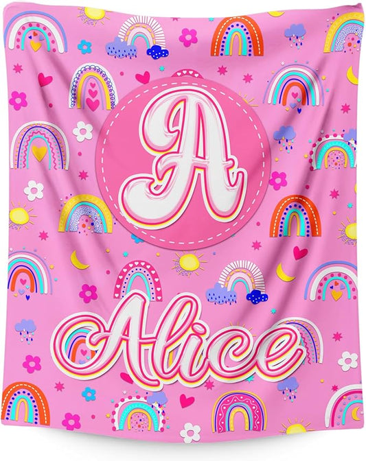 Kids Girls Blankets Gift, Personalized Blanket with Initial Monogram Name for Kids Toddlers Girls Age 6-8, Rainbow Print Soft Cozy Flannel Throw for Sofa Bed Couch Decor
