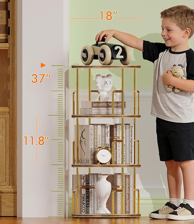 3 Tier Rotating Bookshelf Tower Round Gold,37” Floor Standing Spinning Bookshelf Tower Anti-Tipping Design,Metal & Wood Revolving Bookcase Stackable Space Saving for Small Spaces,Study,Living Room