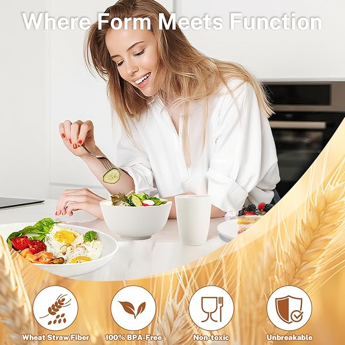 Plates and Bowls Sets for 8, Unbreakable & Lightweight Wheat Straw Dinnerware Sets 32 PCS, Microwave Safe Dishes Set for 8, Dinner Plate, Kitchen Cups and Bowls for Outdoor- White